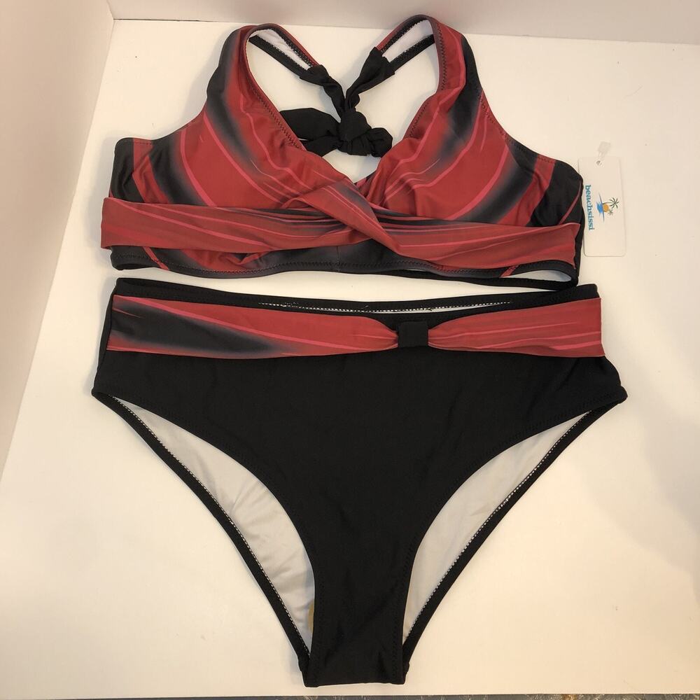 Beachsissi Two Piece Halter Top Cheeky Bottom Bikini Black/Red‎ XL NWT